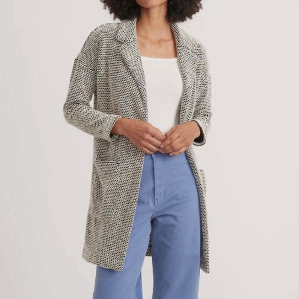 Marine Layer Birdseye Cardigan Collared Boucle Knit Black White Gray Long SMALL